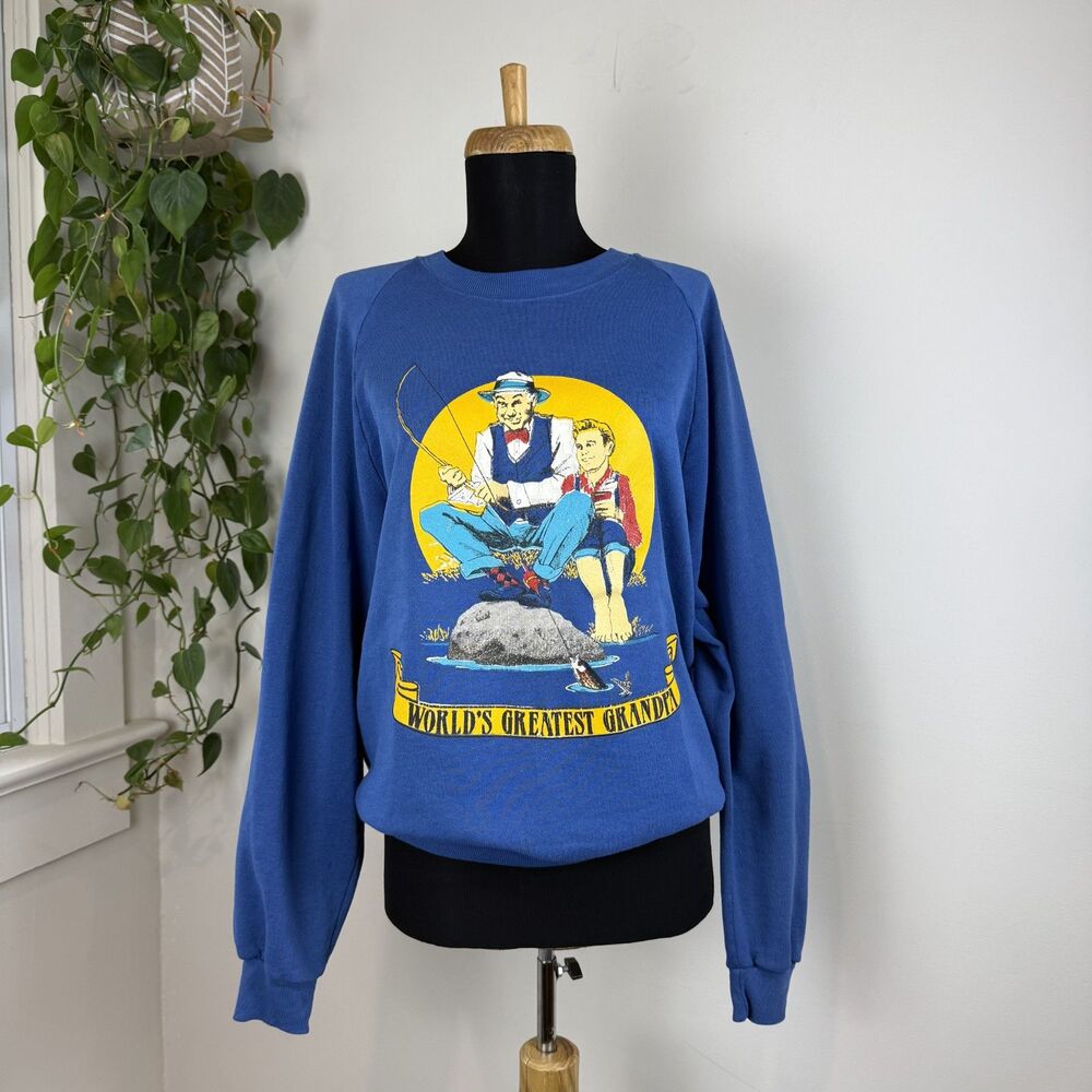 Rare Vintage 80s Worlds Greatest Grandpa Fishing Crewneck Sweatshirt